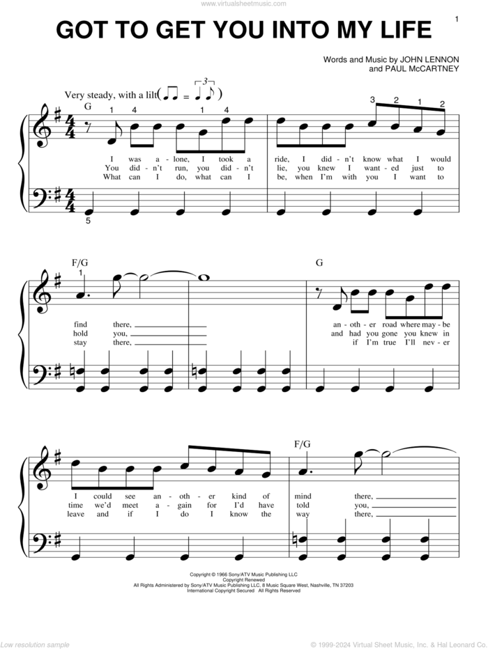 Got To Get You Into My Life sheet music for piano solo (big note book) by The Beatles, John Lennon and Paul McCartney, easy piano (big note book)