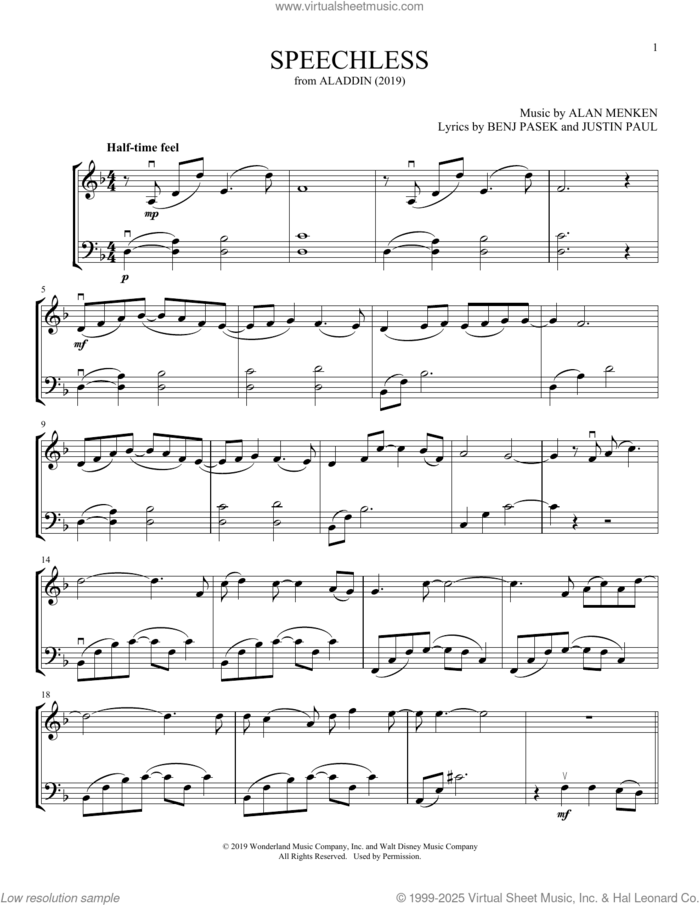 Speechless (from Aladdin) (arr. Michelle Hynson) sheet music for instrumental duet (duets) by Naomi Scott, Michelle Hynson, Alan Menken, Benj Pasek and Justin Paul, intermediate skill level