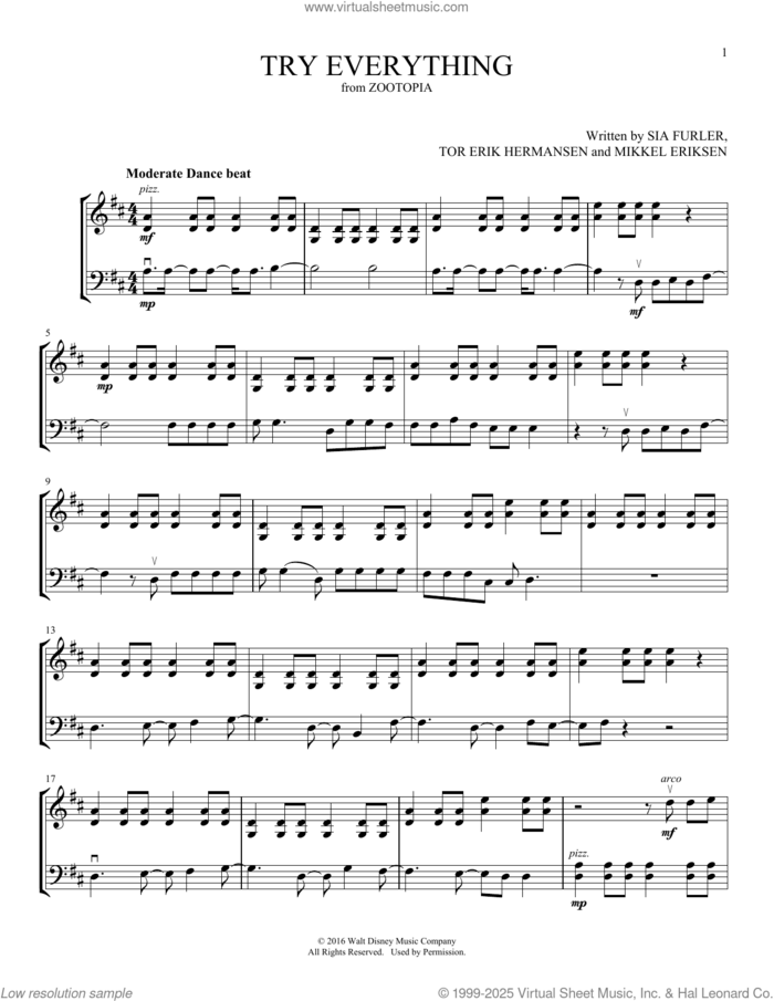 Try Everything (from Zootopia) (arr. Michelle Hynson) sheet music for instrumental duet (duets) by Shakira, Michelle Hynson, Mikkel Eriksen, Sia Furler and Tor Erik Hermansen, intermediate skill level