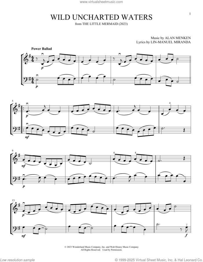 Wild Uncharted Waters (from The Little Mermaid) (2023) (arr. Michelle Hynson) sheet music for instrumental duet (duets) by Halle Bailey, Michelle Hynson, Alan Menken and Lin-Manuel Miranda, intermediate skill level