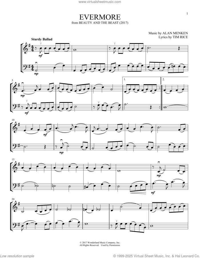 Evermore (from Beauty And The Beast) (arr. Michelle Hynson) sheet music for instrumental duet (duets) by Alan Menken, Michelle Hynson and Tim Rice, intermediate skill level