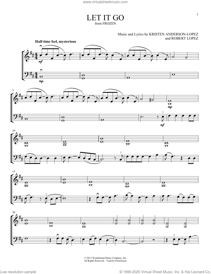 Let It Go (from Frozen) (arr. Michelle Hynson) sheet music for instrumental duet (duets) by Idina Menzel, Michelle Hynson, Kristen Anderson-Lopez and Robert Lopez, intermediate skill level