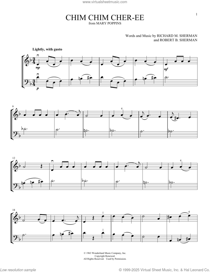 Chim Chim Cher-ee (from Mary Poppins) (arr. Michelle Hynson) sheet music for instrumental duet (duets) by Julie Andrews And Dick Van Dyke, Michelle Hynson, Richard M. Sherman and Robert B. Sherman, intermediate skill level