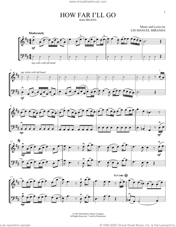 How Far I'll Go (from Moana) (arr. Michelle Hynson) sheet music for instrumental duet (duets) by Alessia Cara, Michelle Hynson and Lin-Manuel Miranda, intermediate skill level