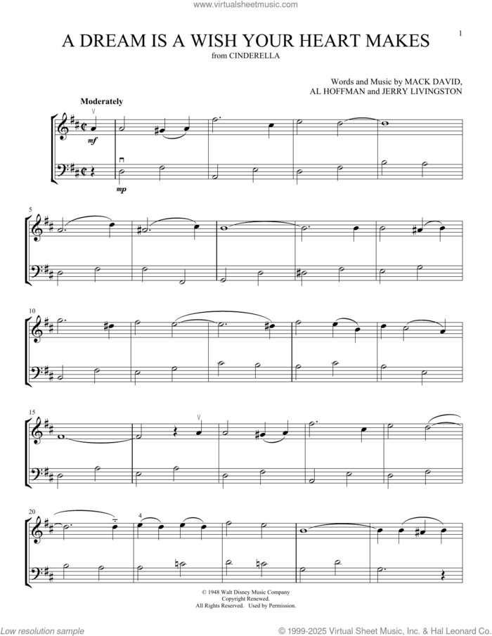 A Dream Is A Wish Your Heart Makes (from Cinderella) (arr. Michelle Hynson) sheet music for instrumental duet (duets) by Linda Ronstadt, Michelle Hynson, Al Hoffman, Jerry Livingston and Mack David, intermediate skill level