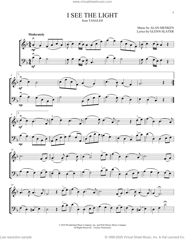 I See The Light (from Tangled) (arr. Michelle Hynson) sheet music for instrumental duet (duets) by Alan Menken, Michelle Hynson and Glenn Slater, intermediate skill level