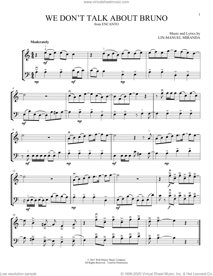 We Don't Talk About Bruno (from Encanto) (arr. Michelle Hynson) sheet music for instrumental duet (duets) by Carolina Gaitan, Mauro Castillo, Adassa, Rhenzy, Michelle Hynson and Lin-Manuel Miranda, intermediate skill level