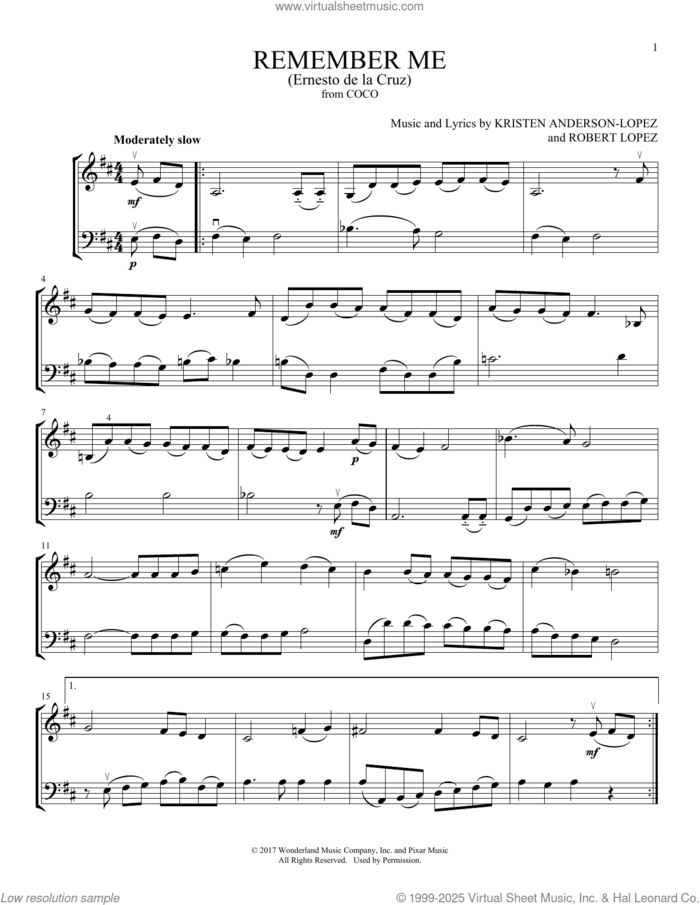 Remember Me (Ernesto de la Cruz) (from Coco) (arr. Michelle Hynson) sheet music for instrumental duet (duets) by Kristen Anderson-Lopez, Michelle Hynson and Robert Lopez, intermediate skill level