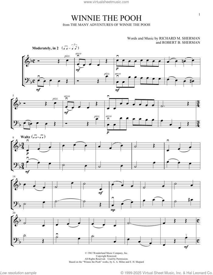 Winnie The Pooh (arr. Michelle Hynson) sheet music for instrumental duet (duets) by Sherman Brothers, Michelle Hynson, Richard M. Sherman and Robert B. Sherman, intermediate skill level