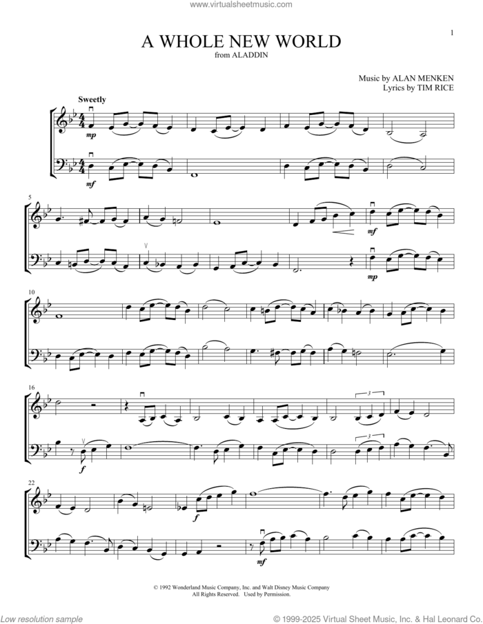A Whole New World (from Aladdin) (arr. Michelle Hynson) sheet music for instrumental duet (duets) by Tim Rice, Michelle Hynson and Alan Menken, intermediate skill level