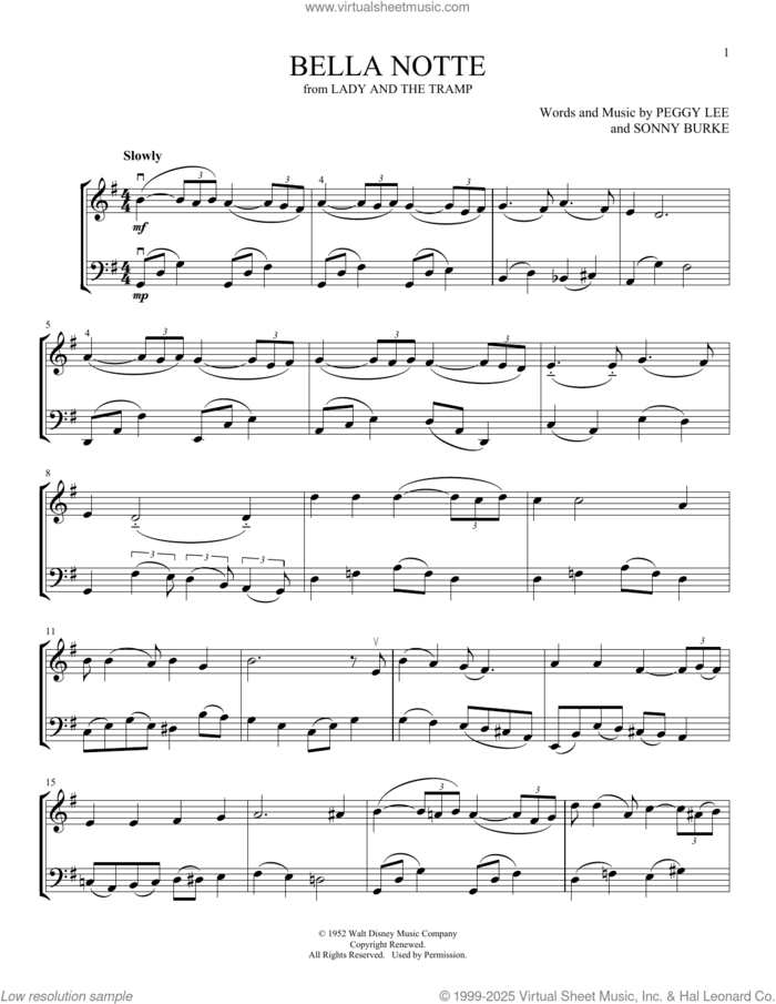 Bella Notte (from Lady And The Tramp) (arr. Michelle Hynson) sheet music for instrumental duet (duets) by Peggy Lee, Michelle Hynson and Sonny Burke, intermediate skill level