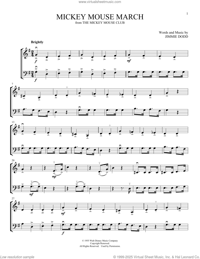 Mickey Mouse March (from The Mickey Mouse Club) (arr. Michelle Hynson) sheet music for instrumental duet (duets) by Jimmie Dodd and Michelle Hynson, intermediate skill level