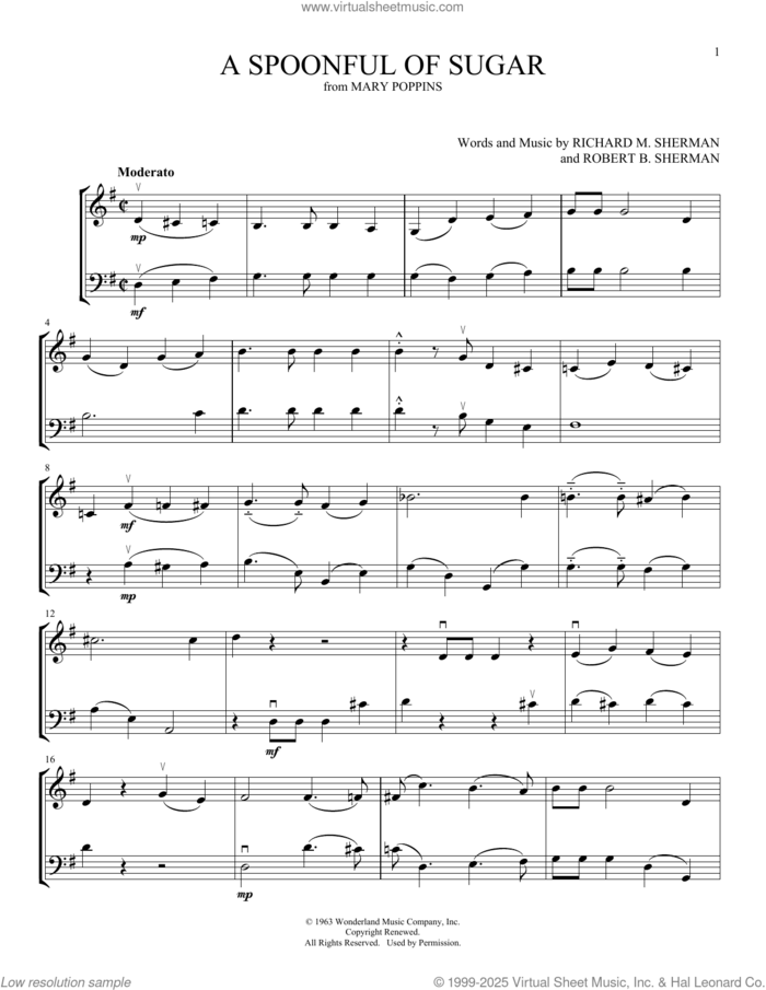 A Spoonful Of Sugar (from Mary Poppins) (arr. Michelle Hynson) sheet music for instrumental duet (duets) by Sherman Brothers, Michelle Hynson, Richard M. Sherman and Robert B. Sherman, intermediate skill level