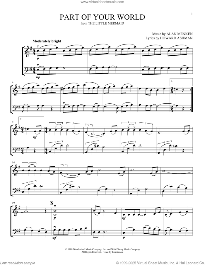 Part Of Your World (from The Little Mermaid) (arr. Michelle Hynson) sheet music for instrumental duet (duets) by Howard Ashman, Michelle Hynson and Alan Menken, intermediate skill level