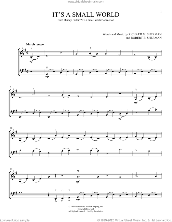 It's A Small World (arr. Michelle Hynson) sheet music for instrumental duet (duets) by Sherman Brothers, Michelle Hynson, Richard M. Sherman and Robert B. Sherman, intermediate skill level