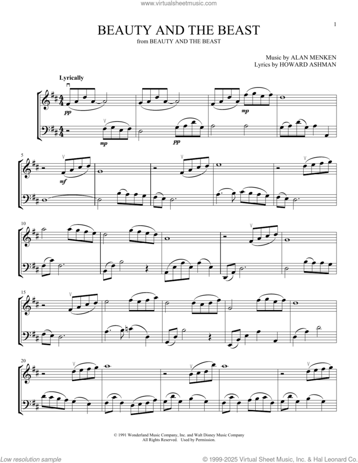 Beauty And The Beast (arr. Michelle Hynson) sheet music for instrumental duet (duets) by Celine Dion & Peabo Bryson, Michelle Hynson, Alan Menken and Howard Ashman, intermediate skill level
