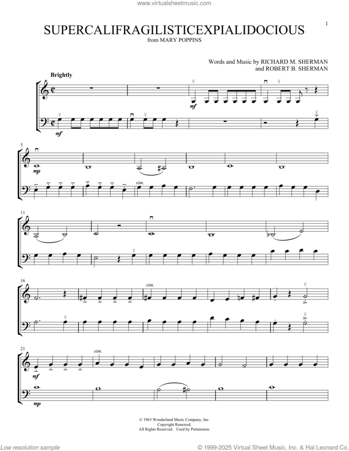 Supercalifragilisticexpialidocious (from Mary Poppins) (arr. Michelle Hynson) sheet music for instrumental duet (duets) by Sherman Brothers, Michelle Hynson, Richard M. Sherman and Robert B. Sherman, intermediate skill level