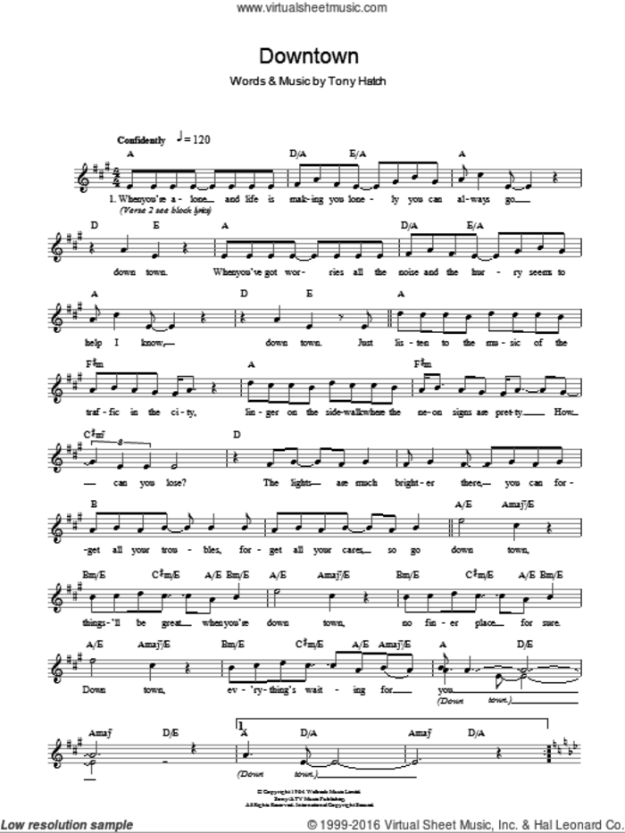 Downtown sheet music for voice and other instruments (fake book) by Petula Clark and Tony Hatch, intermediate skill level