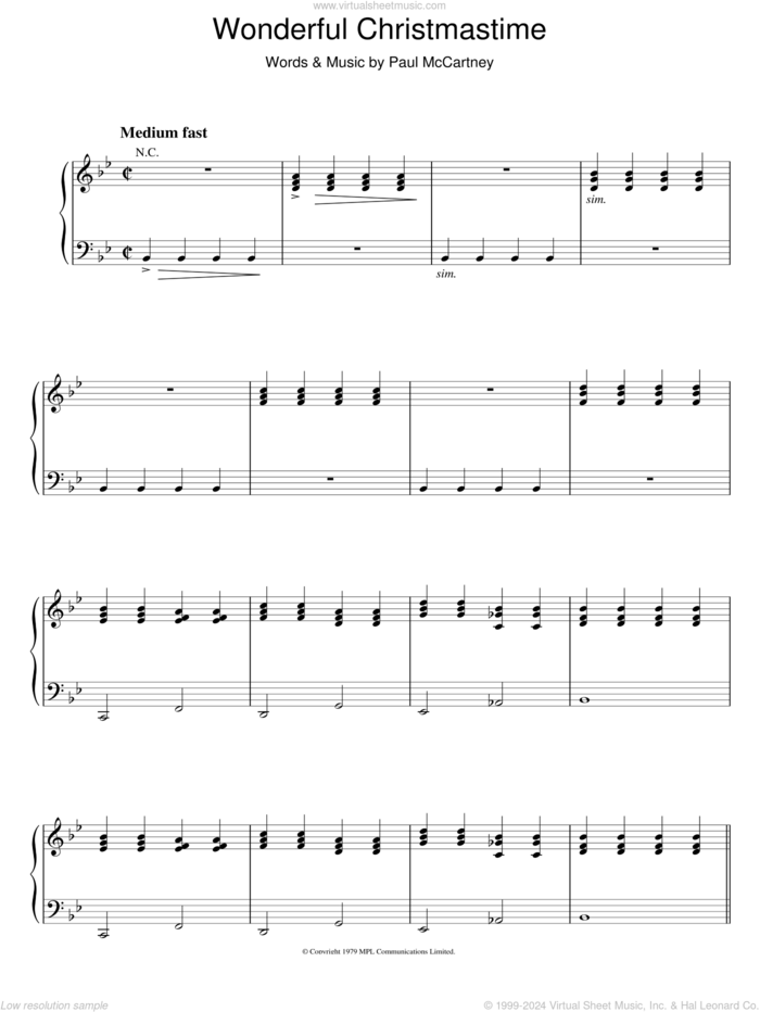 Wonderful Christmastime sheet music for voice and piano by Paul McCartney, intermediate skill level