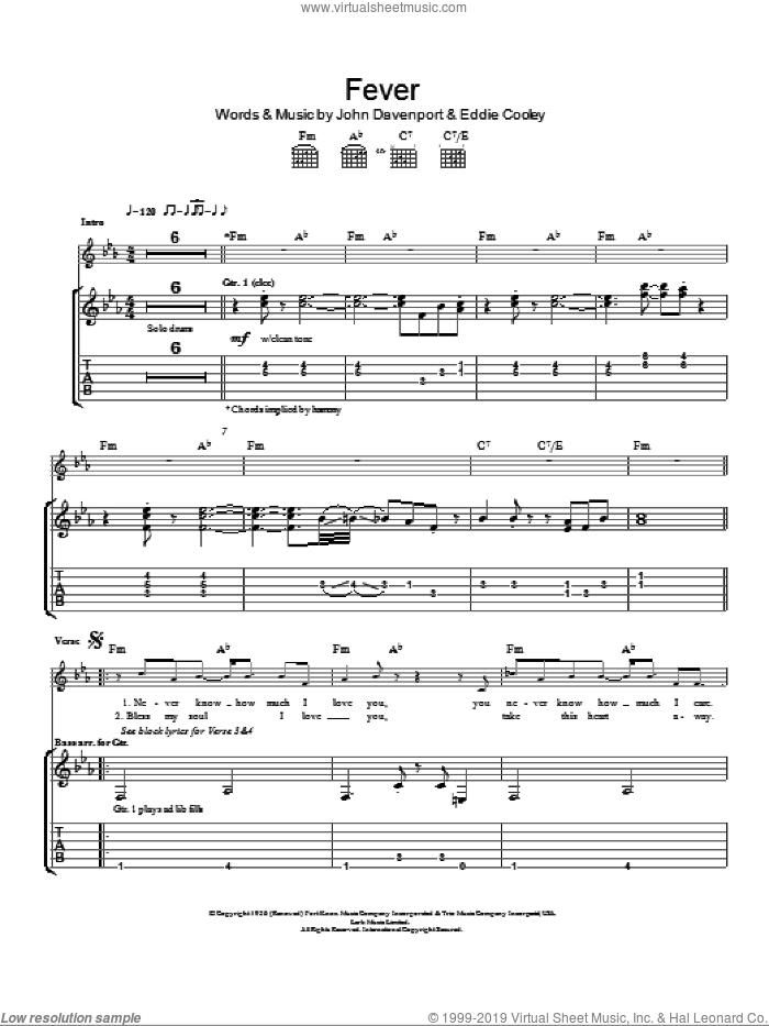 Fever sheet music for guitar (tablature) by Eva Cassidy, Peggy Lee, Eddie Cooley and John Davenport, intermediate skill level