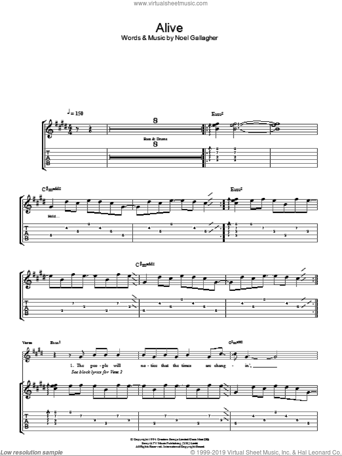 Alive sheet music for guitar (tablature) by Oasis and Noel Gallagher, intermediate skill level