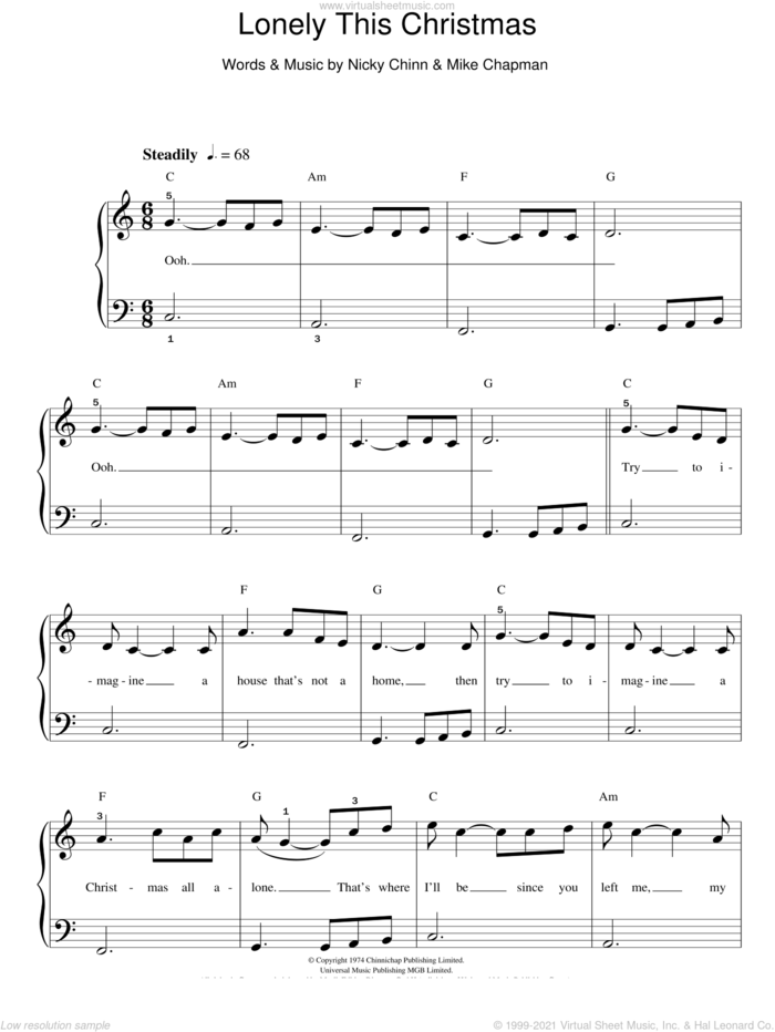 Lonely This Christmas sheet music for piano solo by Mud, Mike Chapman and Nicky Chinn, easy skill level