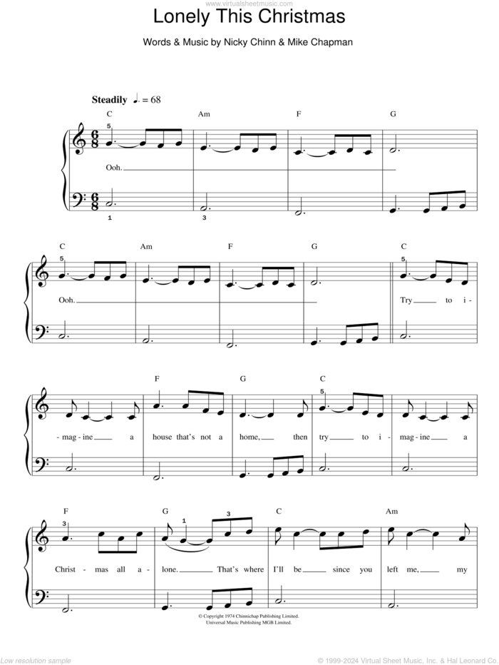 Lonely This Christmas, (easy) sheet music for piano solo by Mud, Mike Chapman and Nicky Chinn, easy skill level