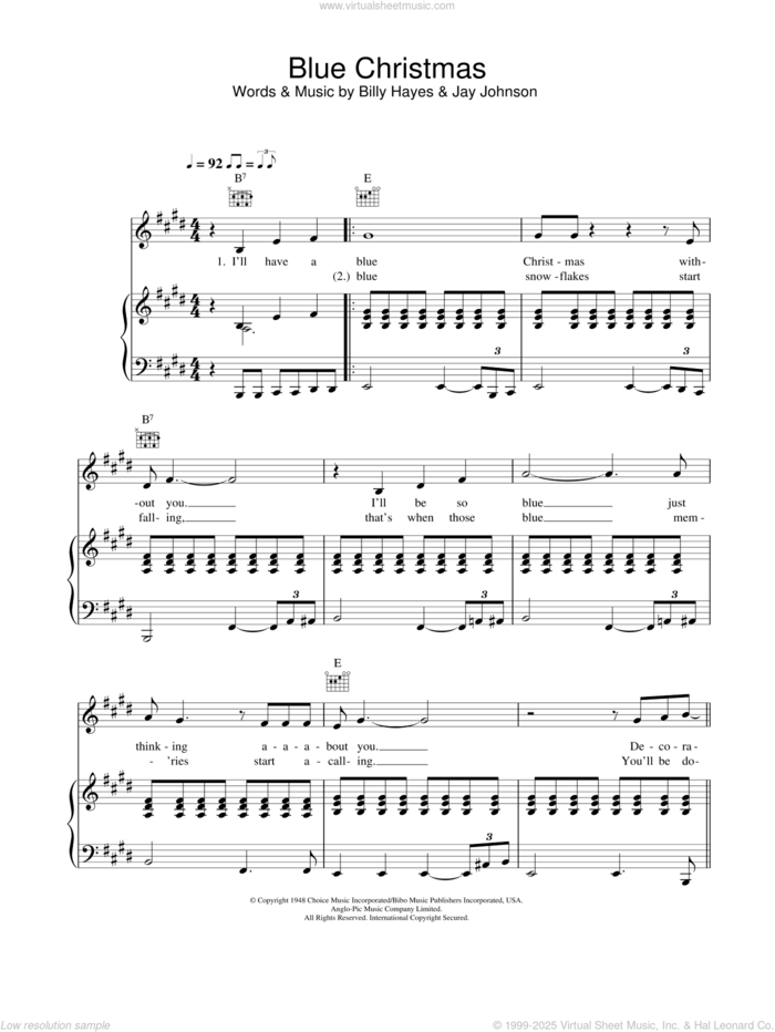 Blue Christmas sheet music for voice, piano or guitar by Elvis Presley, Billy Hayes and Jay Johnson, intermediate skill level
