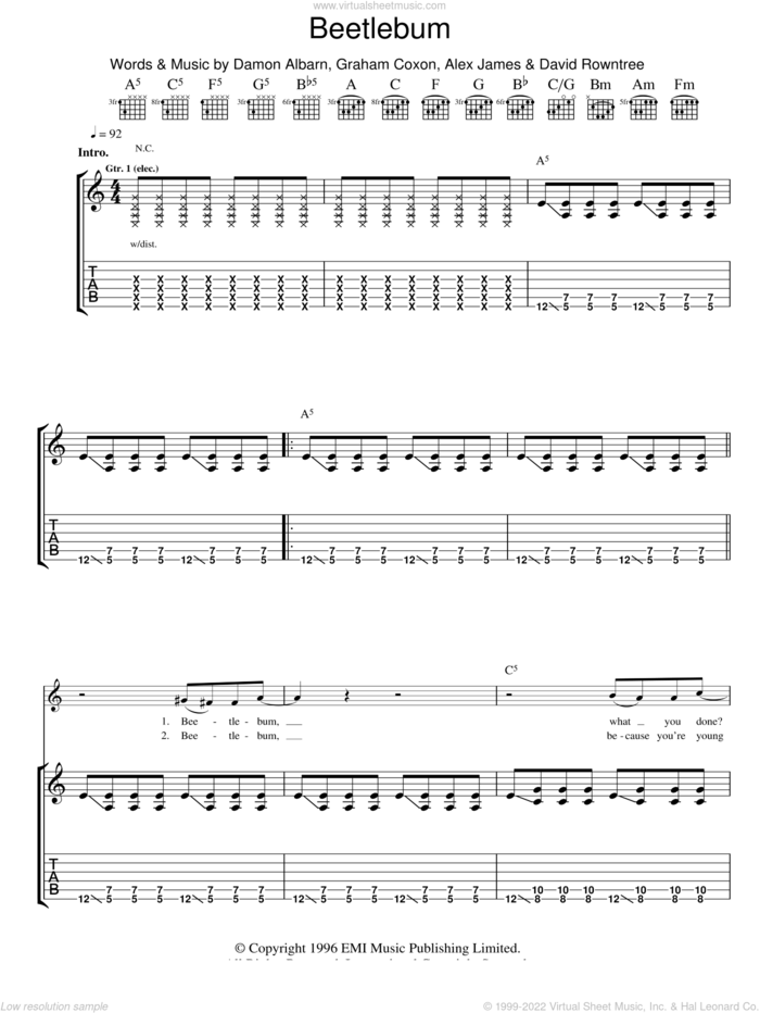 Beetlebum sheet music for guitar (tablature) by Blur, Alex James, Damon Albarn, David Rowntree and Graham Coxon, intermediate skill level