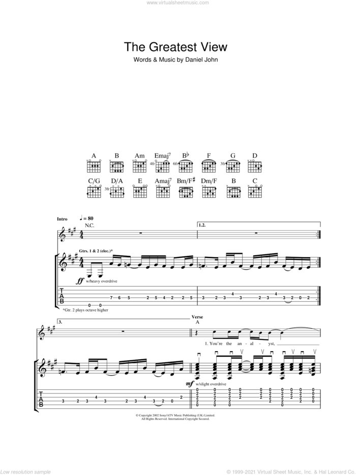 The Greatest View sheet music for guitar (tablature) by Silverchair and Daniel Johns, intermediate skill level
