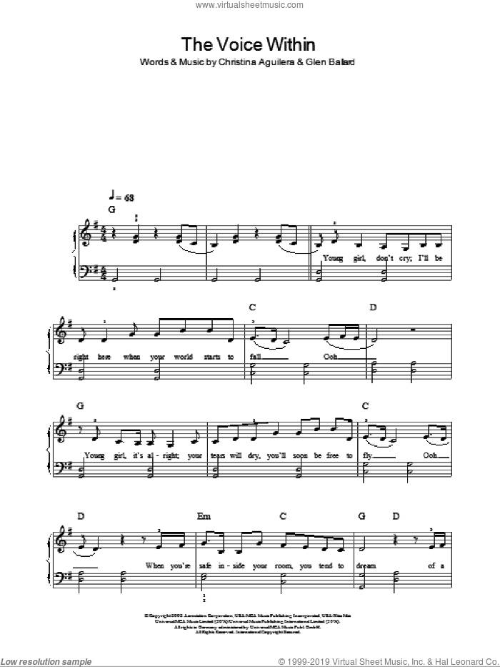 The Voice Within sheet music for piano solo by Christina Aguilera and Glen Ballard, easy skill level