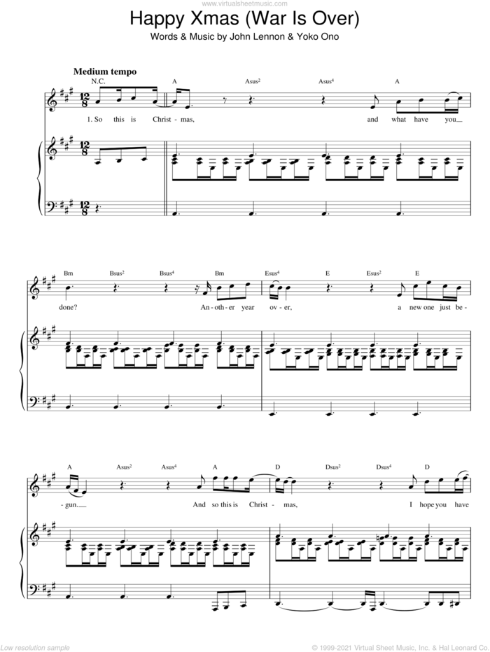 Happy Xmas (War Is Over) sheet music for voice and piano by John Lennon and Yoko Ono, intermediate skill level