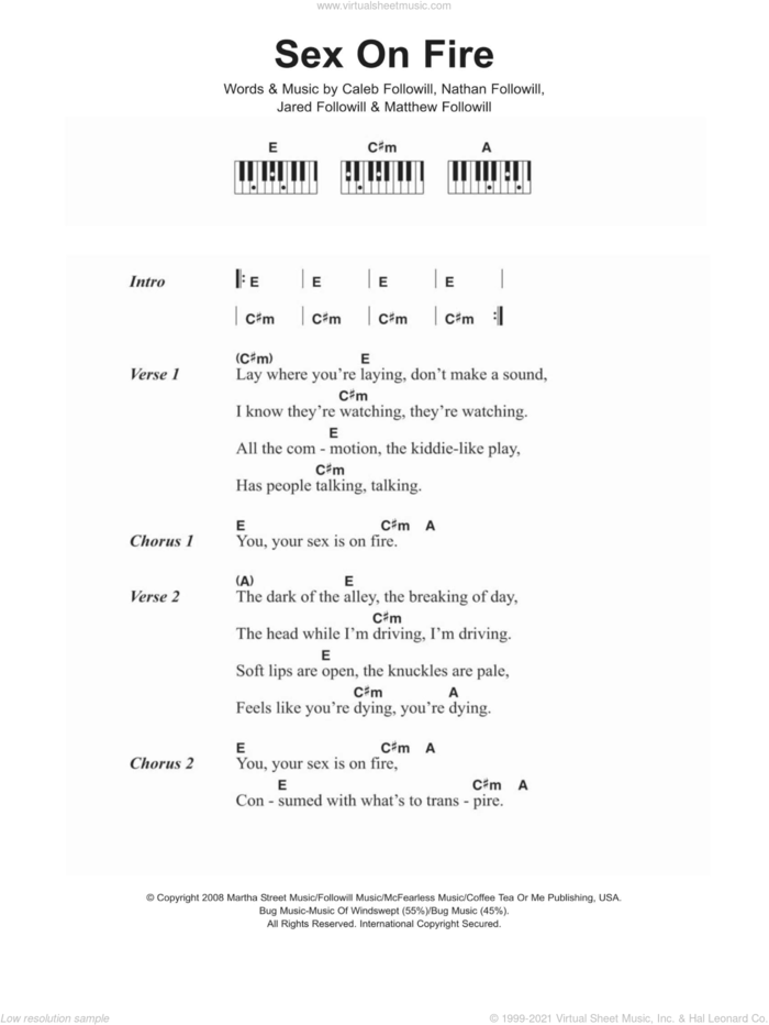 Sex On Fire sheet music for piano solo (chords, lyrics, melody) by Kings Of Leon, Caleb Followill, Jared Followill, Matthew Followill and Nathan Followill, intermediate piano (chords, lyrics, melody)
