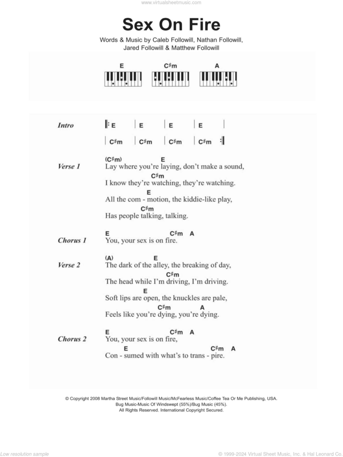 Sex On Fire sheet music for piano solo (chords, lyrics, melody) by Kings Of Leon, Caleb Followill, Jared Followill, Matthew Followill and Nathan Followill, intermediate piano (chords, lyrics, melody)