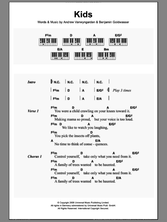 Kids sheet music for piano solo (chords, lyrics, melody) by MGMT, Andrew Vanwyngarden and Benjamin Goldwasser, intermediate piano (chords, lyrics, melody)