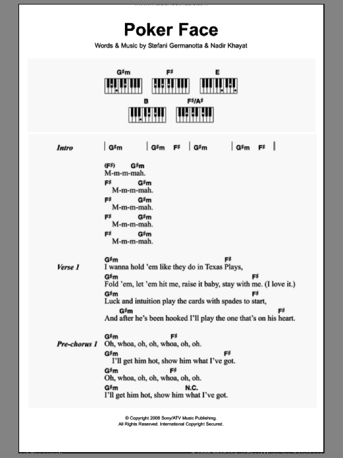 Poker Face sheet music for piano solo (chords, lyrics, melody) by Lady GaGa and Nadir Khayat, intermediate piano (chords, lyrics, melody)