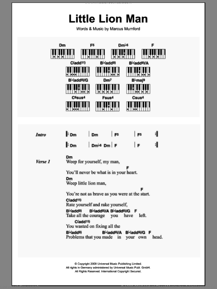 Little Lion Man sheet music for piano solo (chords, lyrics, melody) by Mumford & Sons, intermediate piano (chords, lyrics, melody)