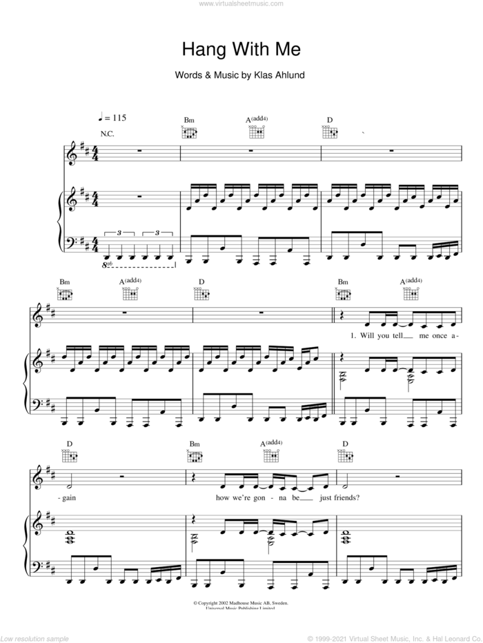 Hang With Me sheet music for voice, piano or guitar by Robyn and Klas Ahlund, intermediate skill level