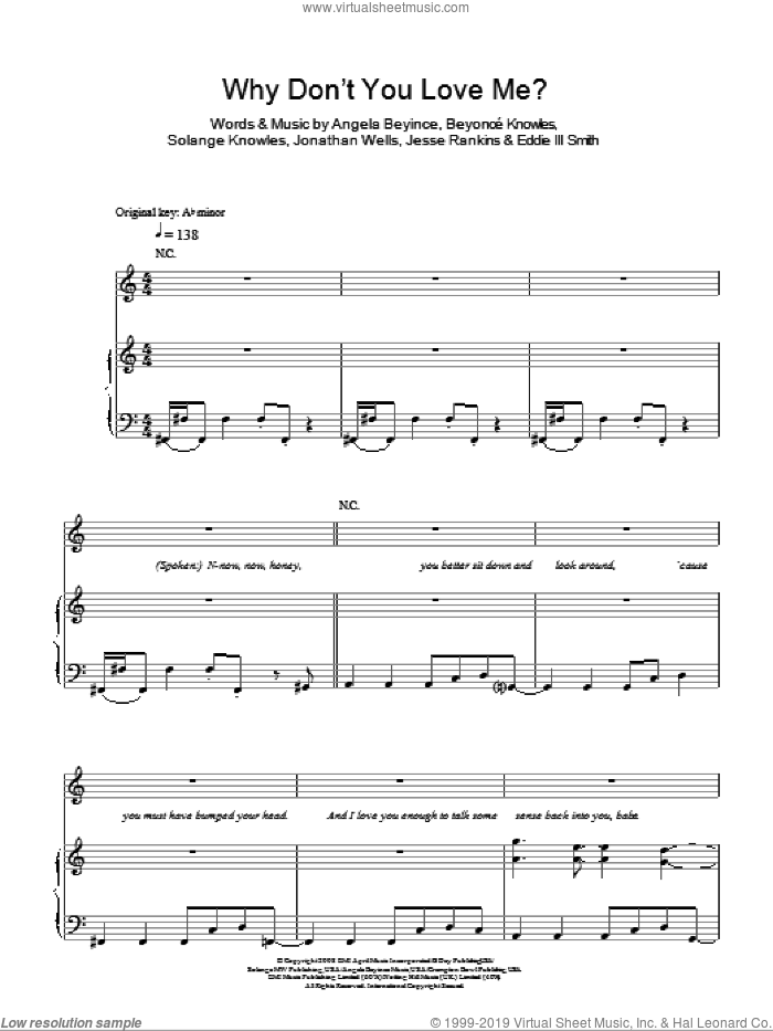 Why Don't You Love Me sheet music for voice, piano or guitar by Beyonce, Angela Beyince, Eddie III Smith, Jesse Rankins, Jonathan Wells and Solange Knowles, intermediate skill level