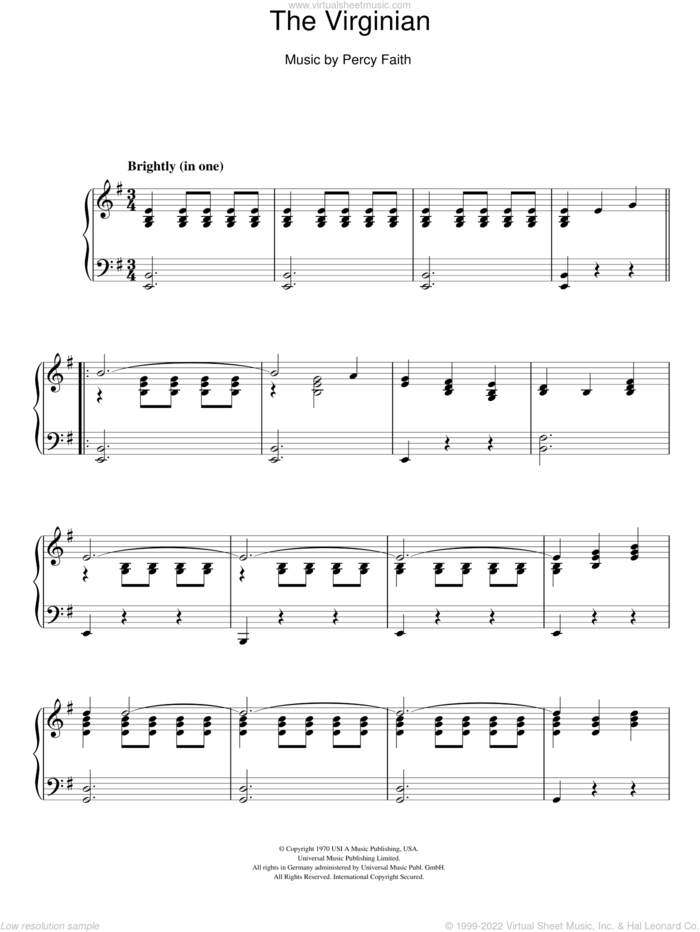 The Virginian sheet music for piano solo by Percy Faith, intermediate skill level