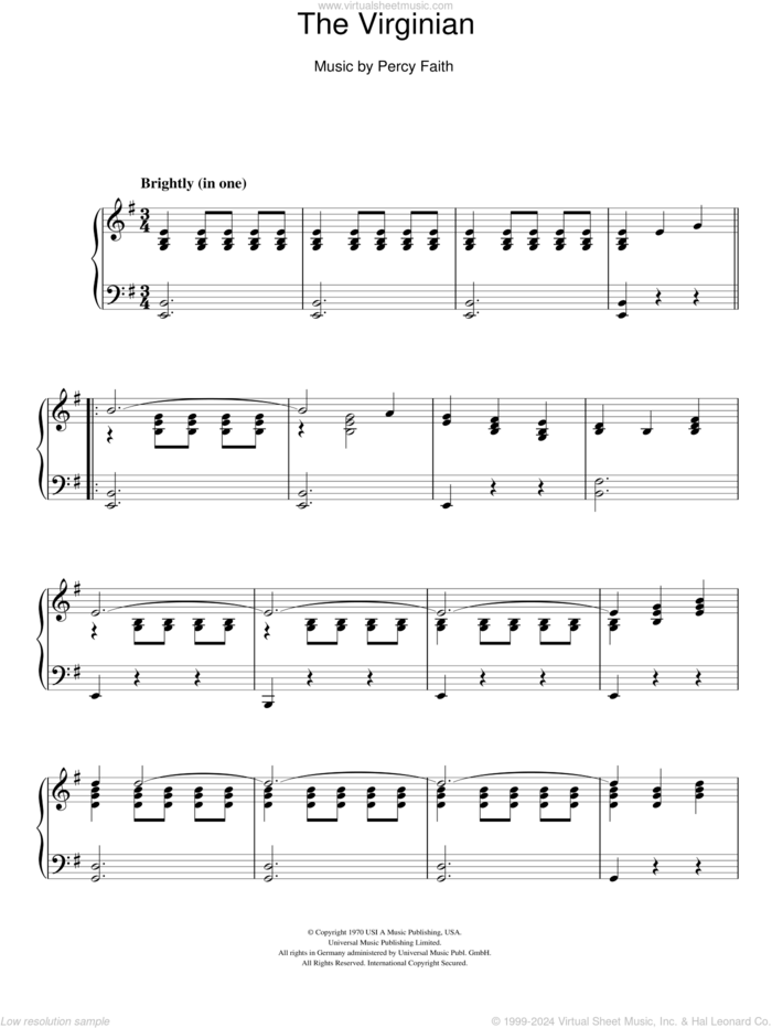 The Virginian sheet music for piano solo by Percy Faith, intermediate skill level