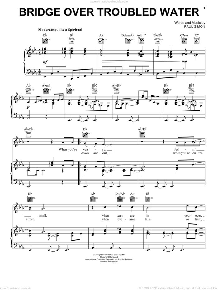 Bridge Over Troubled Water sheet music for voice, piano or guitar by Simon & Garfunkel and Paul Simon, wedding score, intermediate skill level