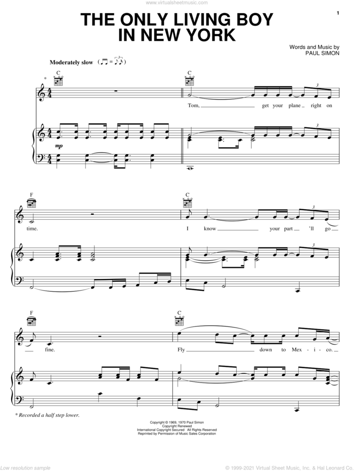 The Only Living Boy In New York sheet music for voice, piano or guitar by Simon & Garfunkel and Paul Simon, intermediate skill level
