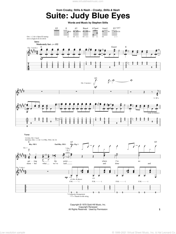 Suite: Judy Blue Eyes sheet music for guitar (tablature) by Crosby, Stills & Nash and Stephen Stills, intermediate skill level