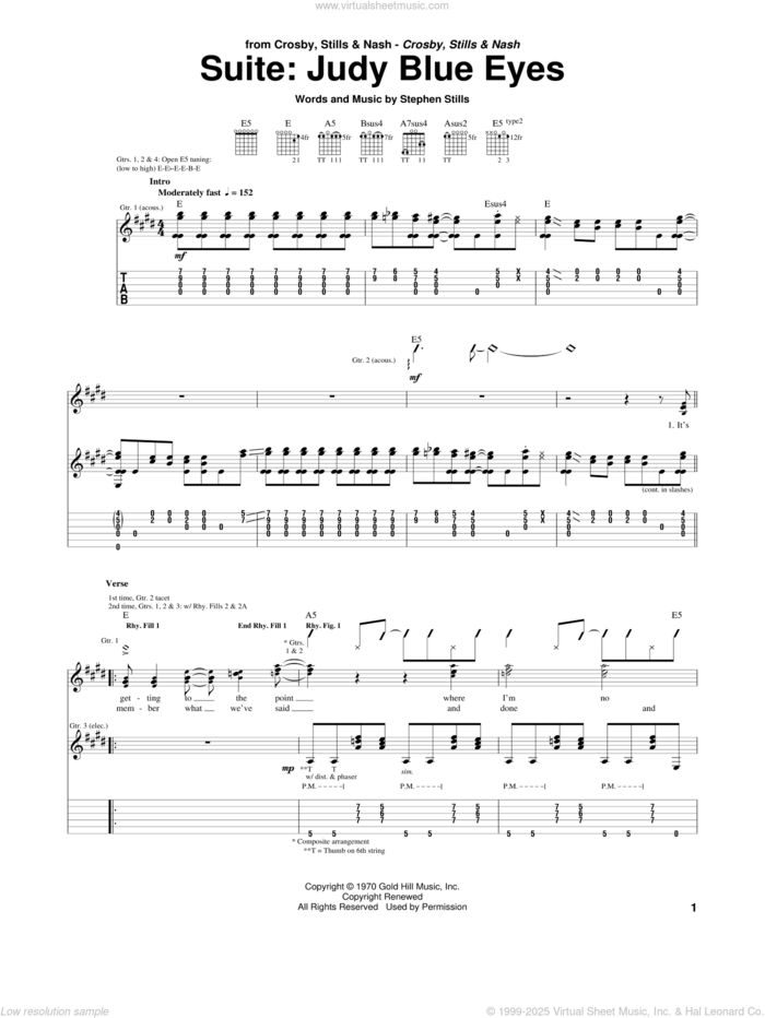 Suite: Judy Blue Eyes sheet music for guitar (tablature) by Crosby, Stills & Nash and Stephen Stills, intermediate skill level