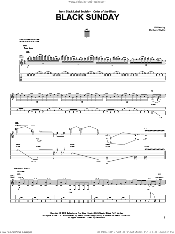 Black Sunday sheet music for guitar (tablature) by Black Label Society and Zakk Wylde, intermediate skill level