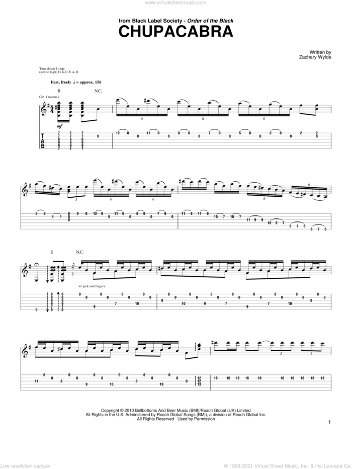 Chupacabra sheet music for guitar (tablature) by Black Label Society and Zakk Wylde, intermediate skill level