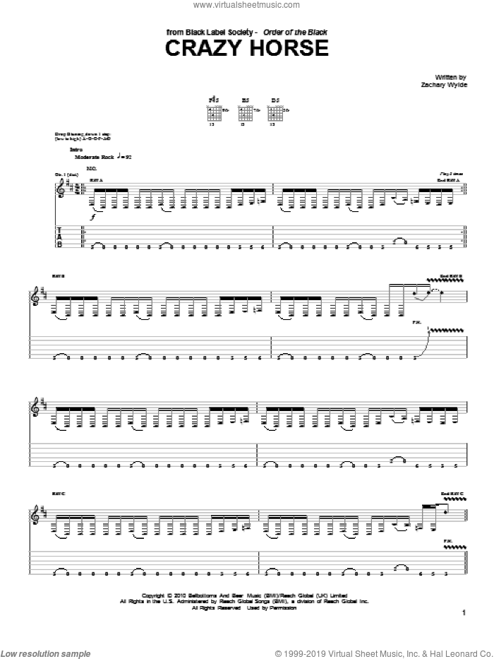 Crazy Horse sheet music for guitar (tablature) by Black Label Society and Zakk Wylde, intermediate skill level
