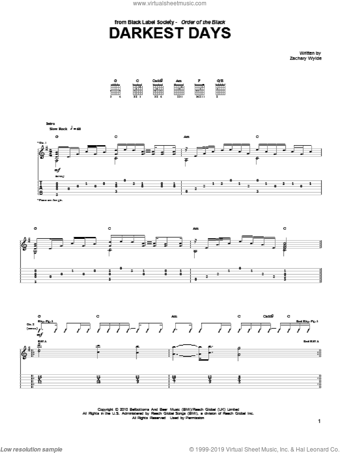 Darkest Days sheet music for guitar (tablature) by Black Label Society and Zakk Wylde, intermediate skill level