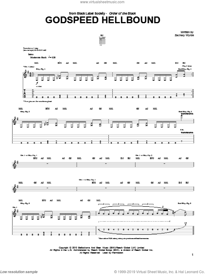 Godspeed Hellbound sheet music for guitar (tablature) by Black Label Society and Zakk Wylde, intermediate skill level